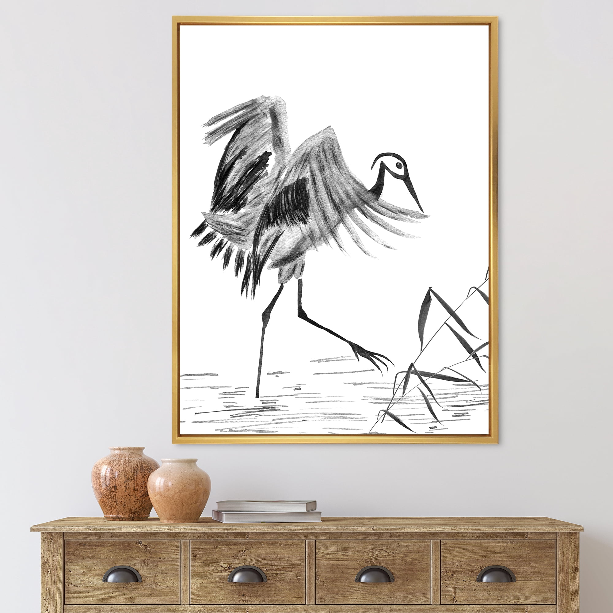 Designart 'Monochrome Japanese Oriental Crane Bird' Traditional Framed Canvas Wall Art Print