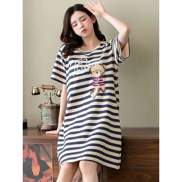 Pyjama Décontracté Grande Taille à Motif d'Ourson, Col Rond, Manches Courtes, Pyjama pour Femmes, Été, Longueur Genou, Robes QZX