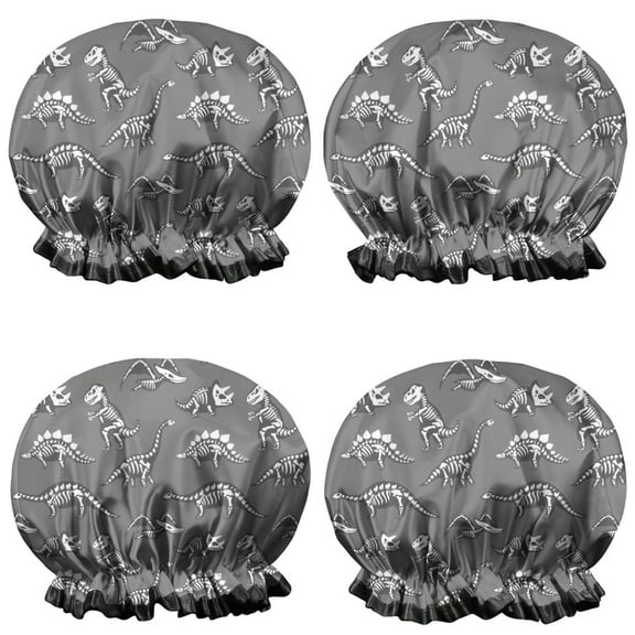 Shower Caps,Gray Dinosaur Skeletons Fossils Pattern Waterproof Shower Cap for Women 4 Pieces,Double Reusable Hair Cover for Shower PEVA Elastic Stretch Hem