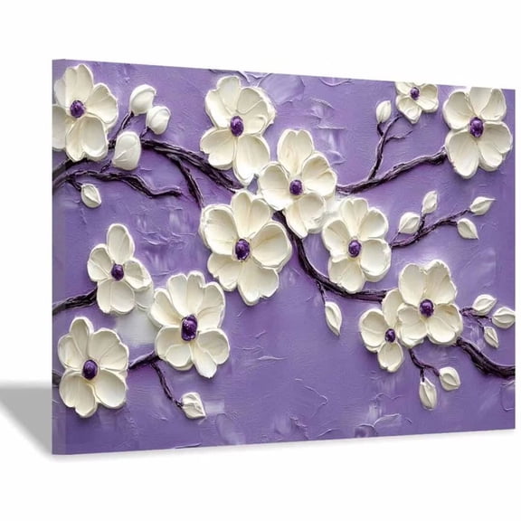 Mudket Framed Canvas Wall Art White Magnolia Flower Bud Purple Branch Prints Wall Decor Floral Canvas Print Ready to Hang for Bedroom Living Room Glam Decor - 12"L x 8"W
