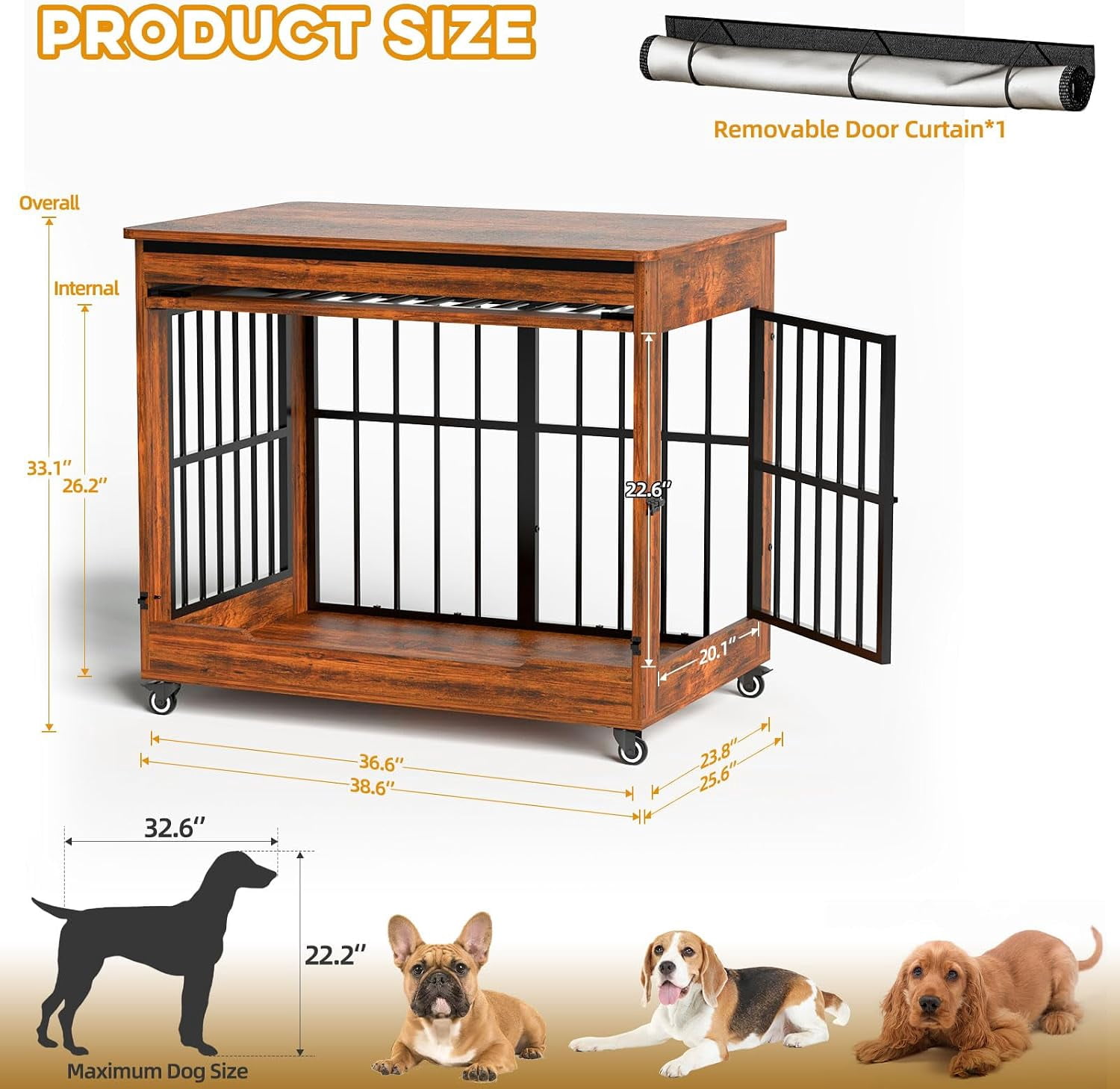 38" Wooden Dog Crate Furniture with Double Door, Lockable Wheels & Blackout Curtain – Decorative End Table Kennel for Large & Medium Breed Dogs, Vintage Brown