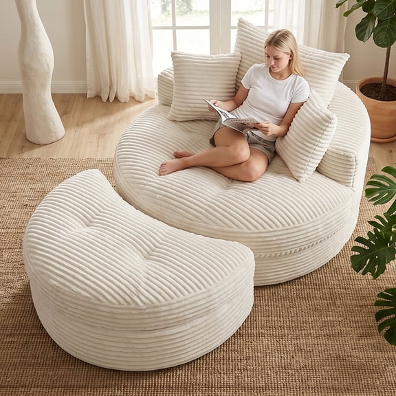 Oversized Round Deep Seat Cloud Boneless Floor Sofa Couch, with 3 Pillows & Ottoman, No Assembly, Beige