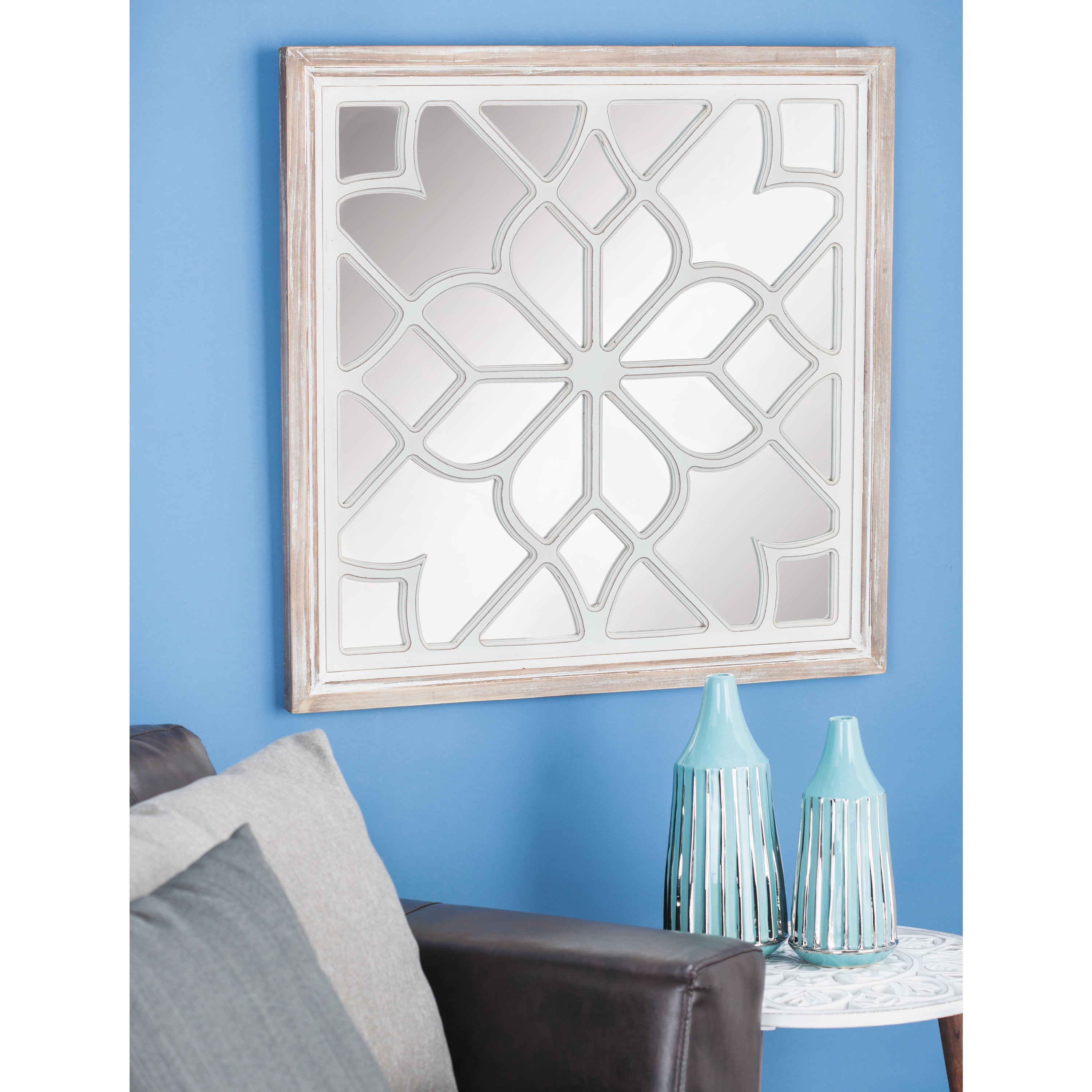 DecMode 30" x 30" White Carved Geometric Wall Mirror