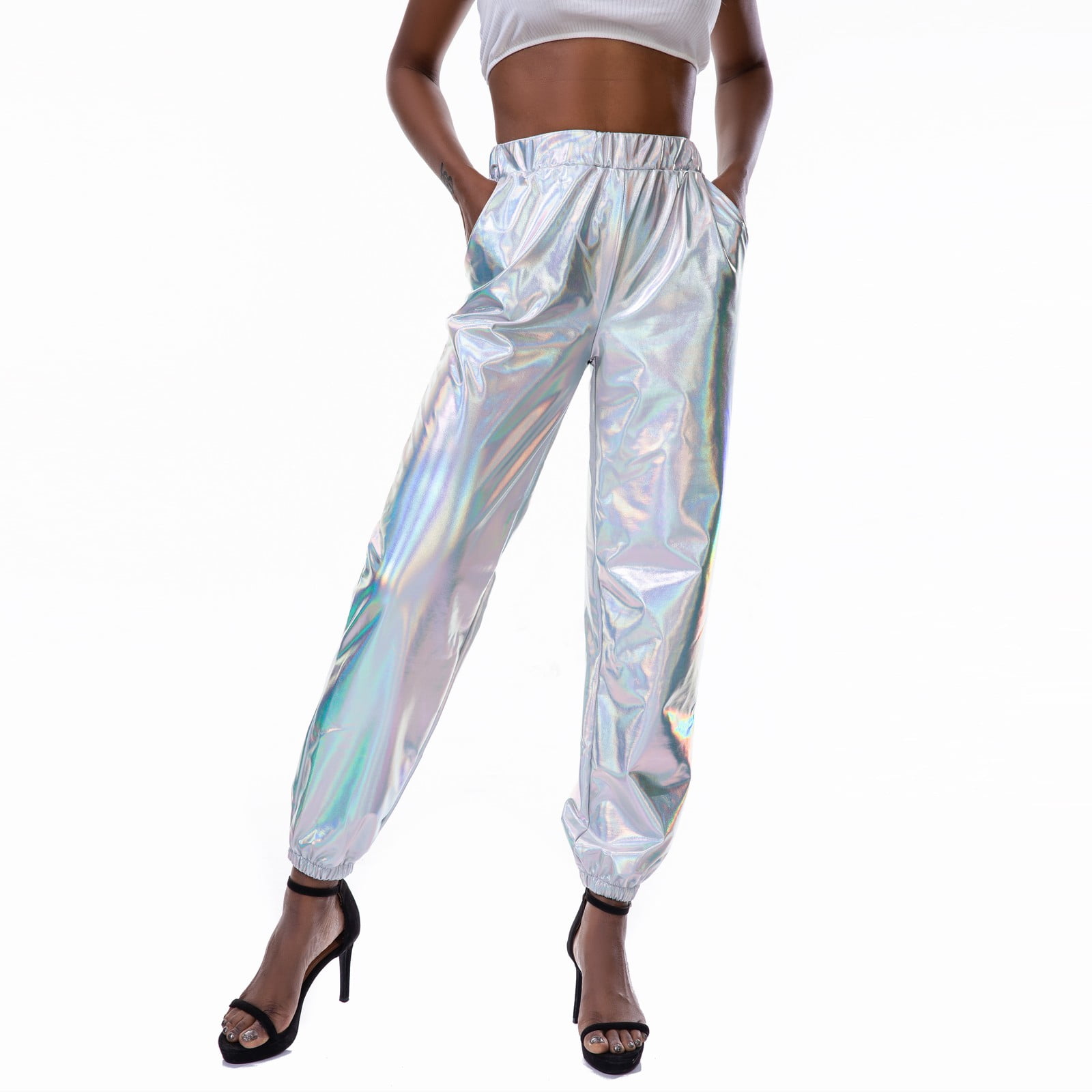 Women'S Shiny Metallic High Waist Stretchy Jogger Pants, Wet Look Hip Hop  Club Wear Holographic Trousers Sweatpant - Walmart.com