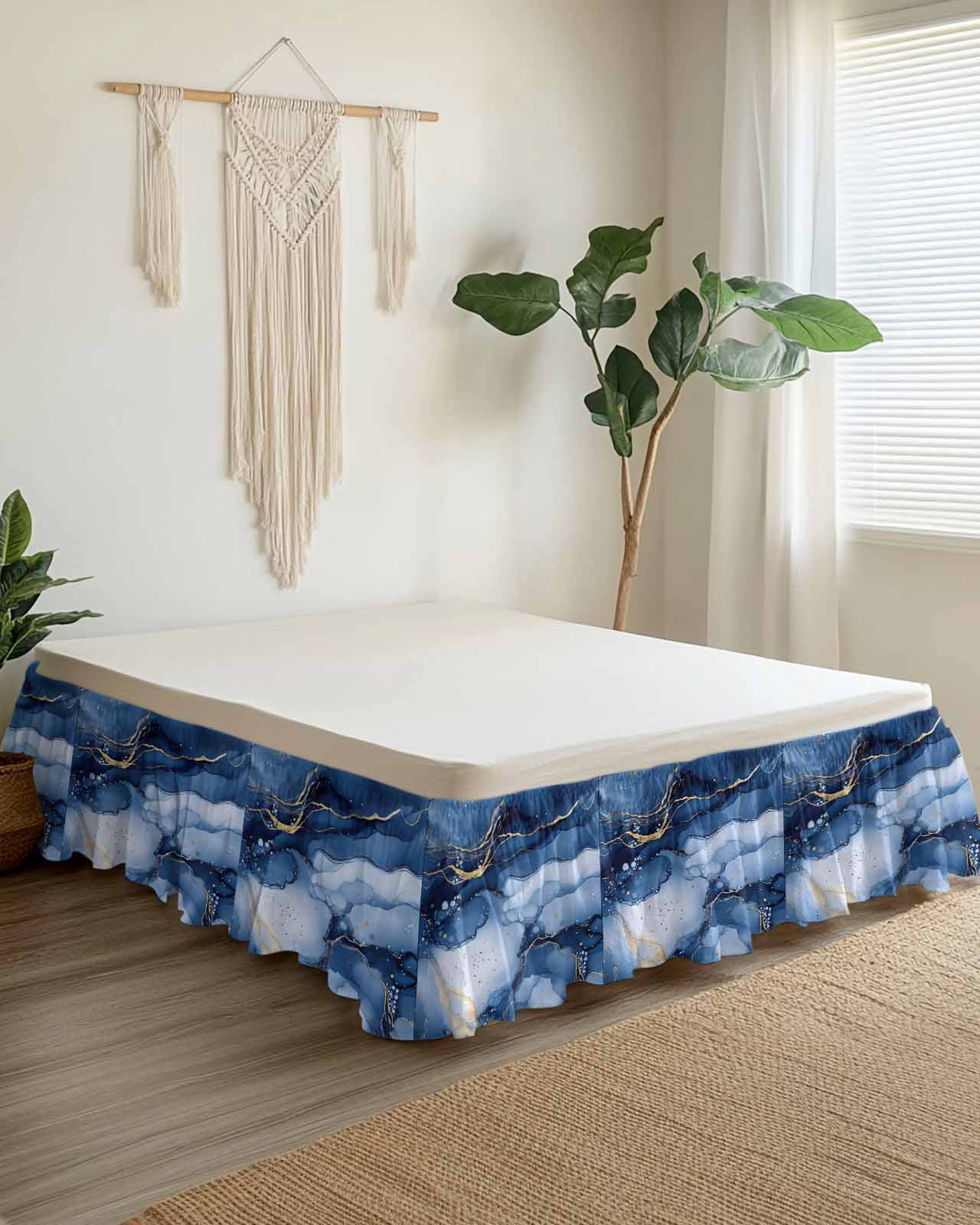 Marble Blue Wrap Around Bed Skirts for Queen Bed 16" Drop,Bed Skirt with Adjustable Elastic Belt Dust Ruffle Bed Valance for Bedroom Hotel Modern Gradient Gold Waves Nature Cracked Bed Frame Cover
