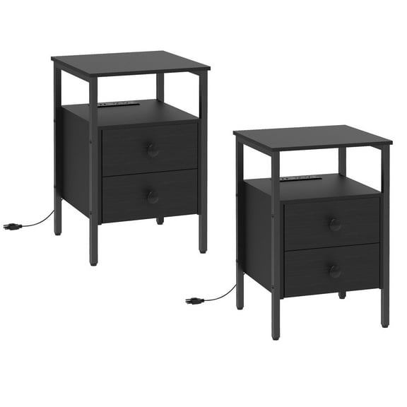 HOOBRO 24'' Tall 2 - Drawer Iron Nightstand with Storage and Built-In Outlets (Set of 2) Black BB431BZP201