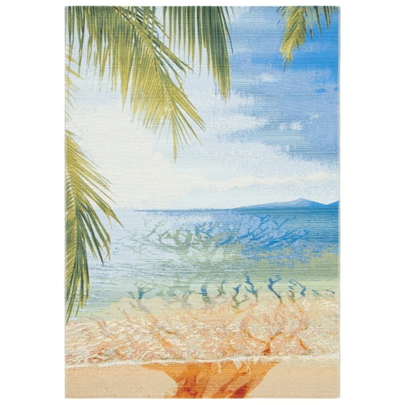 SAFAVIEH Barbados Beach Waves Outdoor Runner Rug, Gold/Blue, 2'8" x 10'5"