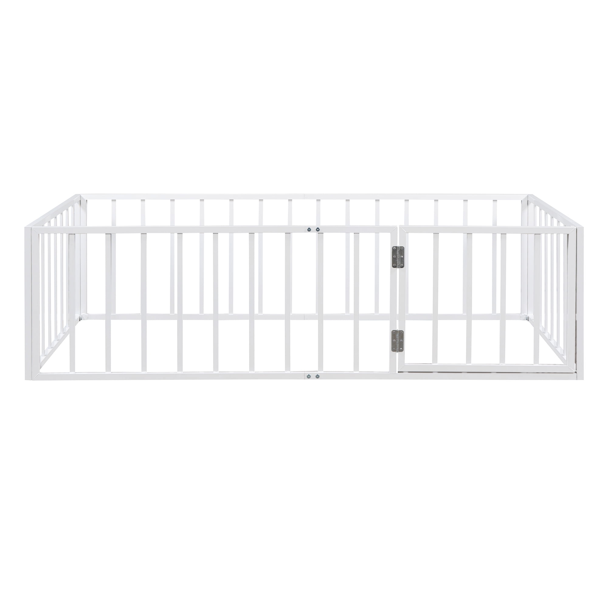 Aukfa Twin Size Metal Bed Frame with with Fence and Door, Floor Bed for Kids Toddler, White