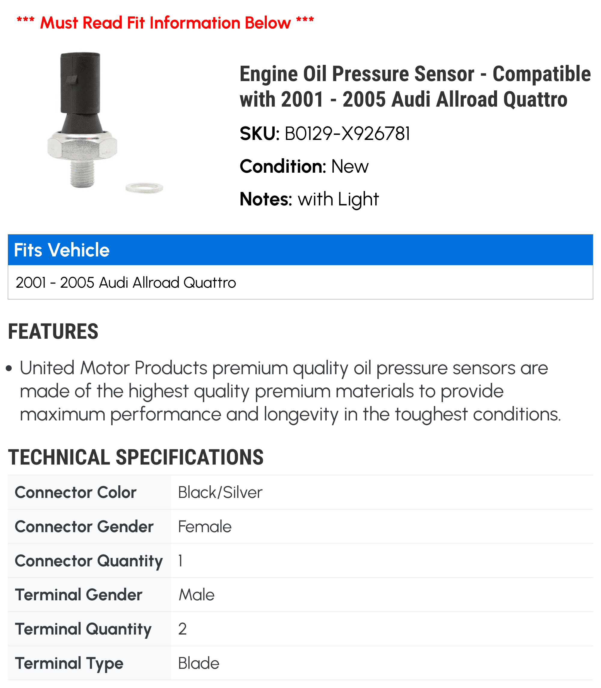 Engine Oil Pressure Sensor - Compatible with 2001 - 2005 Audi Allroad Quattro 2002 2003 2004