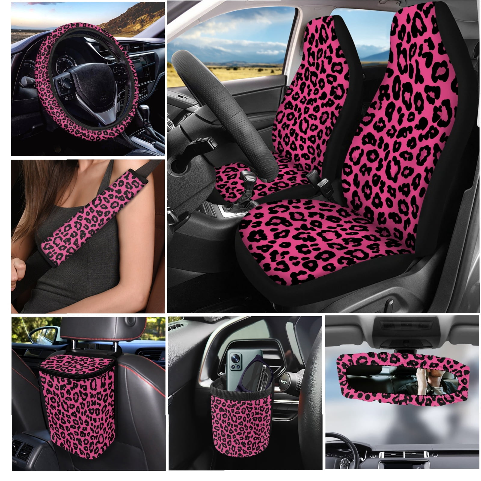 Yuyamidu Pink Leopard Print Car Seat Cover Set with Steering Wheel Cover Auto Seat Belt Strap Protector Cup Coasters Trash Can Air Vent Storage Bag Rear View Mirror Cover Keychain 15 PCS