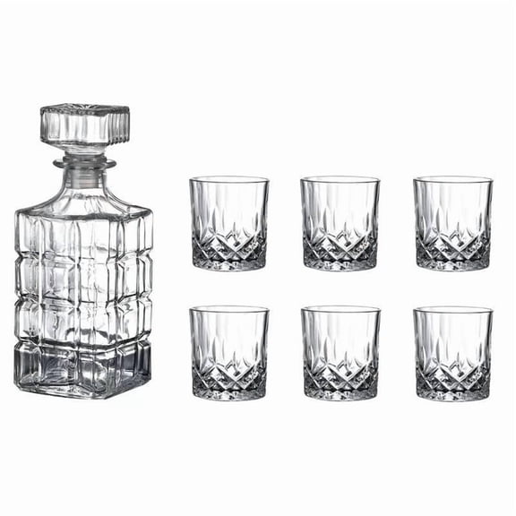 DFS 7 Pcs Crafted Crystal Glasses Whiskey 750ml Decanter & 250ml Glasses Set, Non-Lead Glass Decanter Set for Dad Husband - Square Pattern Bottle