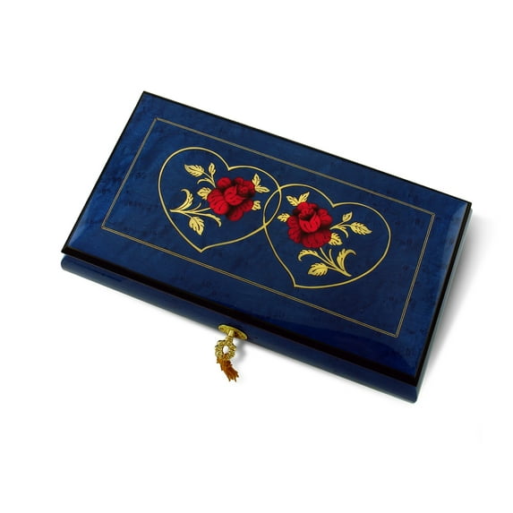 Vibrant Royal Blue Double Red Rose and Heart Musical Jewelry Box - Moldau, The
