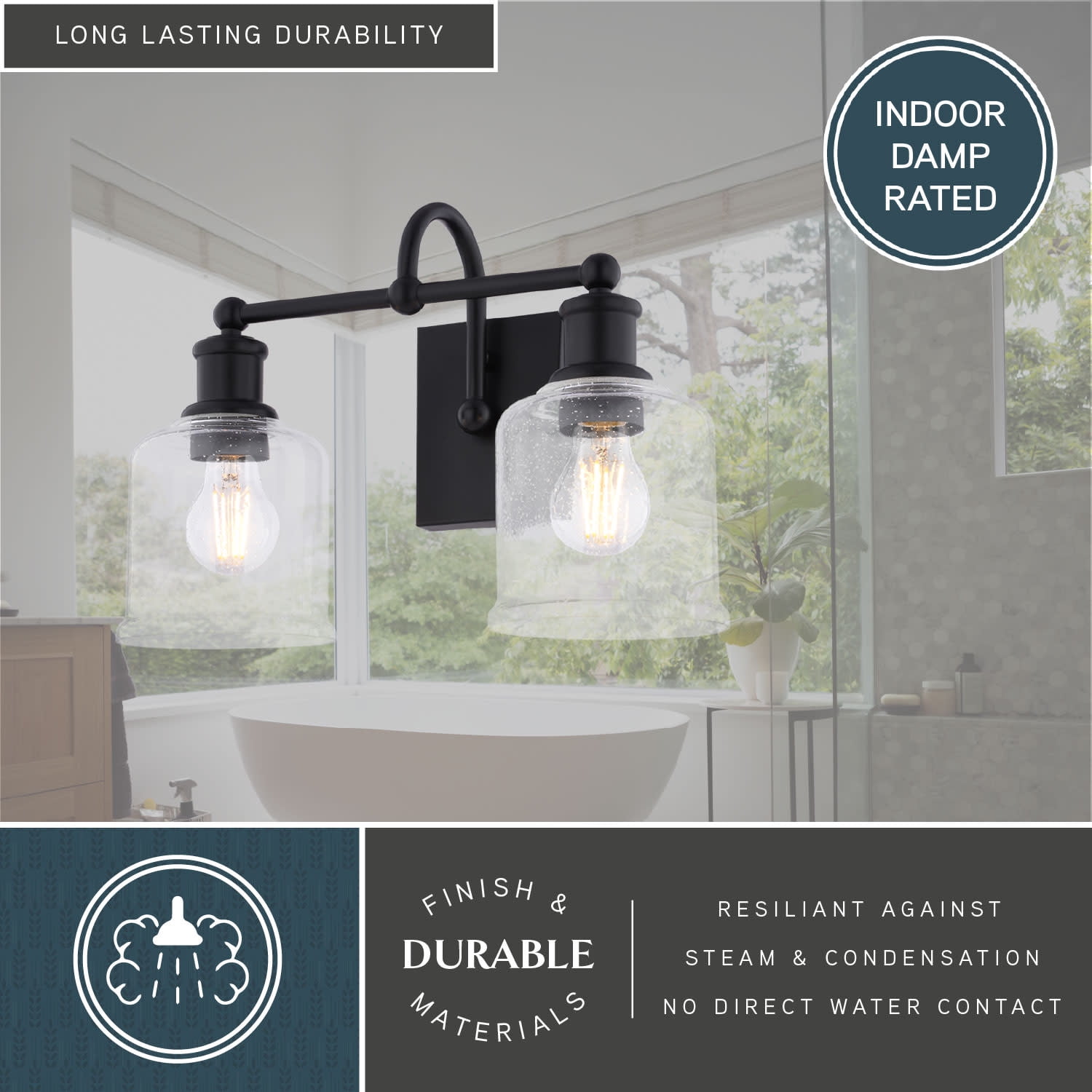 Northbrook 2-Light 16 in. Wide Matte Black Traditional Bathroom Vanity Lighting Fixture, Clear Seeded Cylinder Glass Shade, Dimmable, LED Compatible, Over the Mirror Mounted Steel Wall Sconce