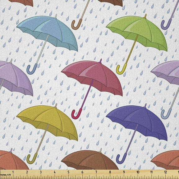 Ambesonne Autumn Fabric by the Yard Microfiber, Repeating Colorful Umbrellas, 2 Yards, Pale Maroon and Lime Green