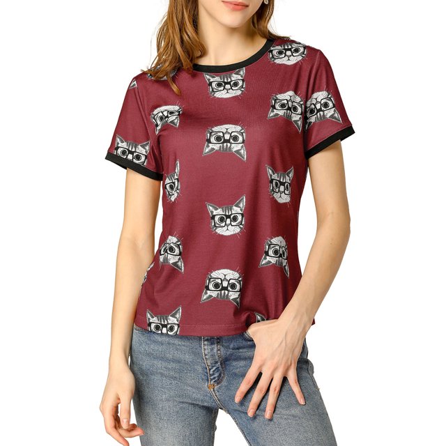 INSPIRE CHIC Women's Short Sleeve Contrast Cartoon Cat Pet Print Tee Ringer T-shirt Tops