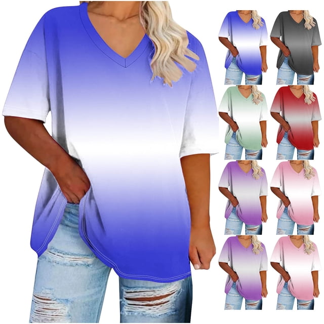Ashirexll Hauts pour Femmes Tendance, Chemise de Base Imprimée à Manches Courtes et Col en V pour Femmes Grande Taille