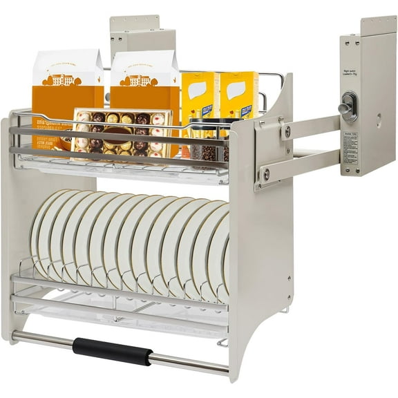 2 Tier Pull-Out Cabinet Organizer Drop Down Shelf,Pull-Down Dish and Spice Rack System Inner Space Saving Plate for Kitchen Appliance Lift Upper Cabinet