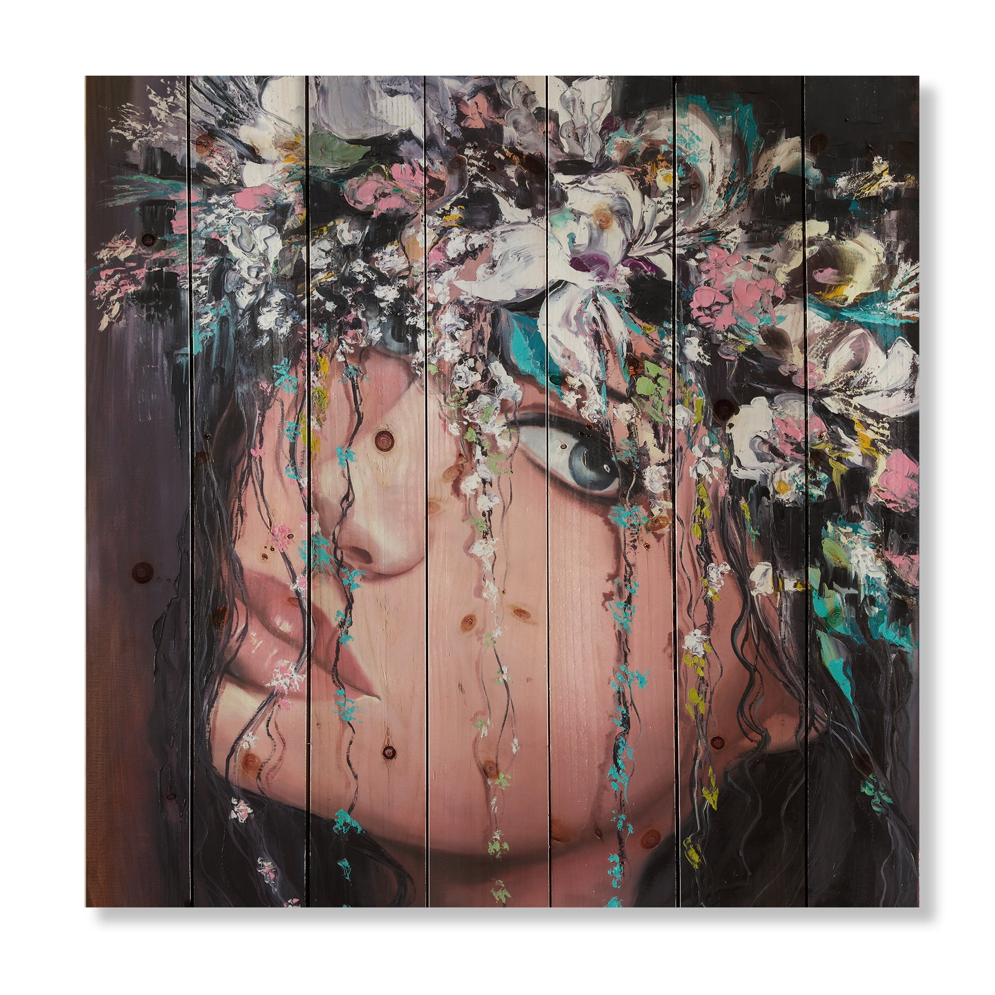 Designart 'Portrait Of A Young Woman With Flowers II' Modern Print on Natural Pine Wood