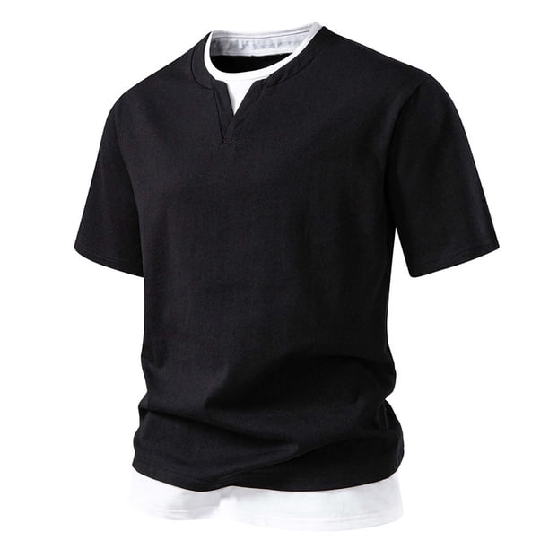 Camisas Elvqul de Hombre Negro Economicas Liso Manga Corta Cuello Redondo Algodón