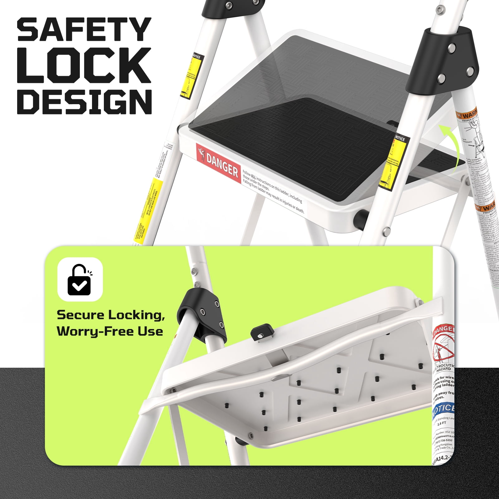 LevLad 2 Step Ladder, Folding Step Stool with Anti-Slip Pedal, Sturdy Steel Ladder, Convenient Handrail, Lightweight, Portable, White