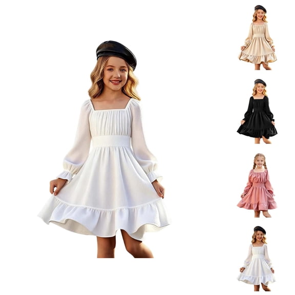 Pink Dress for Girls Spring Long Sleeve Flowy Dress – Square Neck Bell Sleeve with Layered Ruffles, Light Maxi Dress for Seasonal Wear & Day Out