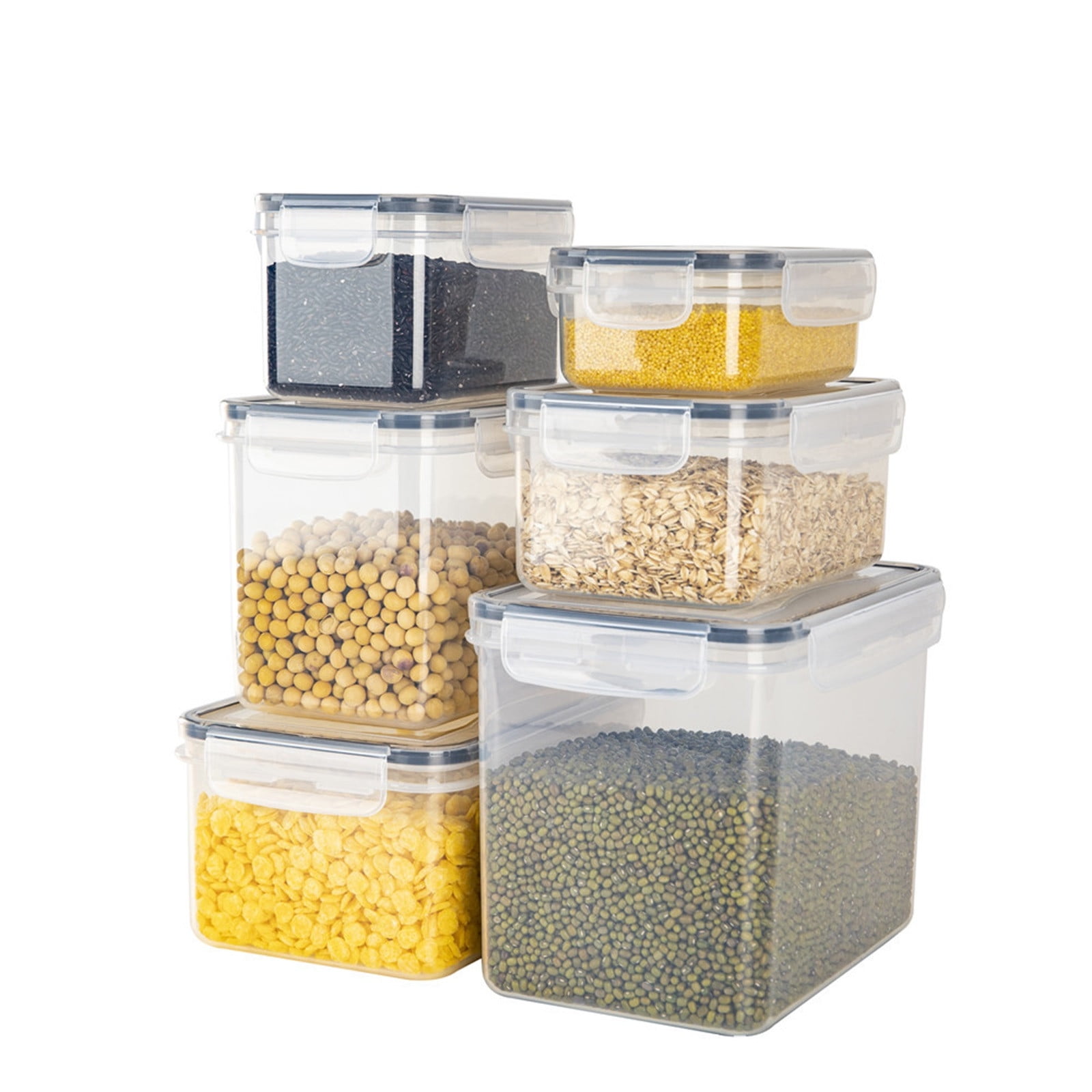 Vacemry under $5 Kitchen Storage Container, 6-Piece Plastic Pantry Organizer Set, Airtight Food Storage Bins for Grains Flour Snacks, Clear Stackable Canisters with Easy Lock Lids
