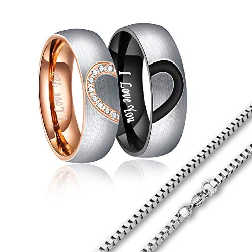 Couples Rings 6mm Stainless Steel Wedding Engagement Bands Heart Promise Matching Rings for Couples Necklace Sets for him and her Engraved Love
