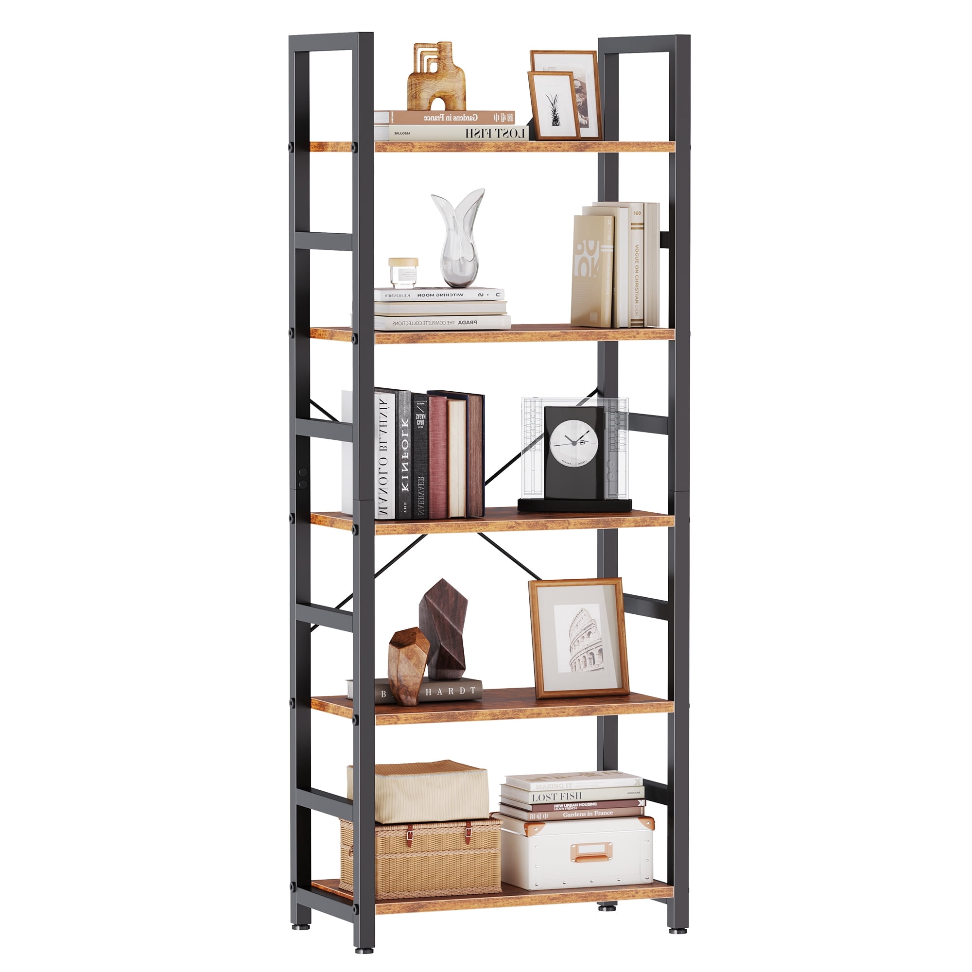CONCETTA 5 Tier Bookshelf, Modern Bookcase Storage Organizer for Home Office, Rustic Brown