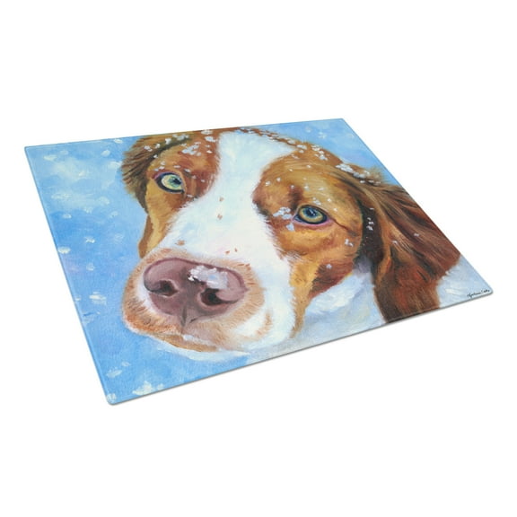 Snow Baby Brittany Spaniel Glass Cutting Board Large