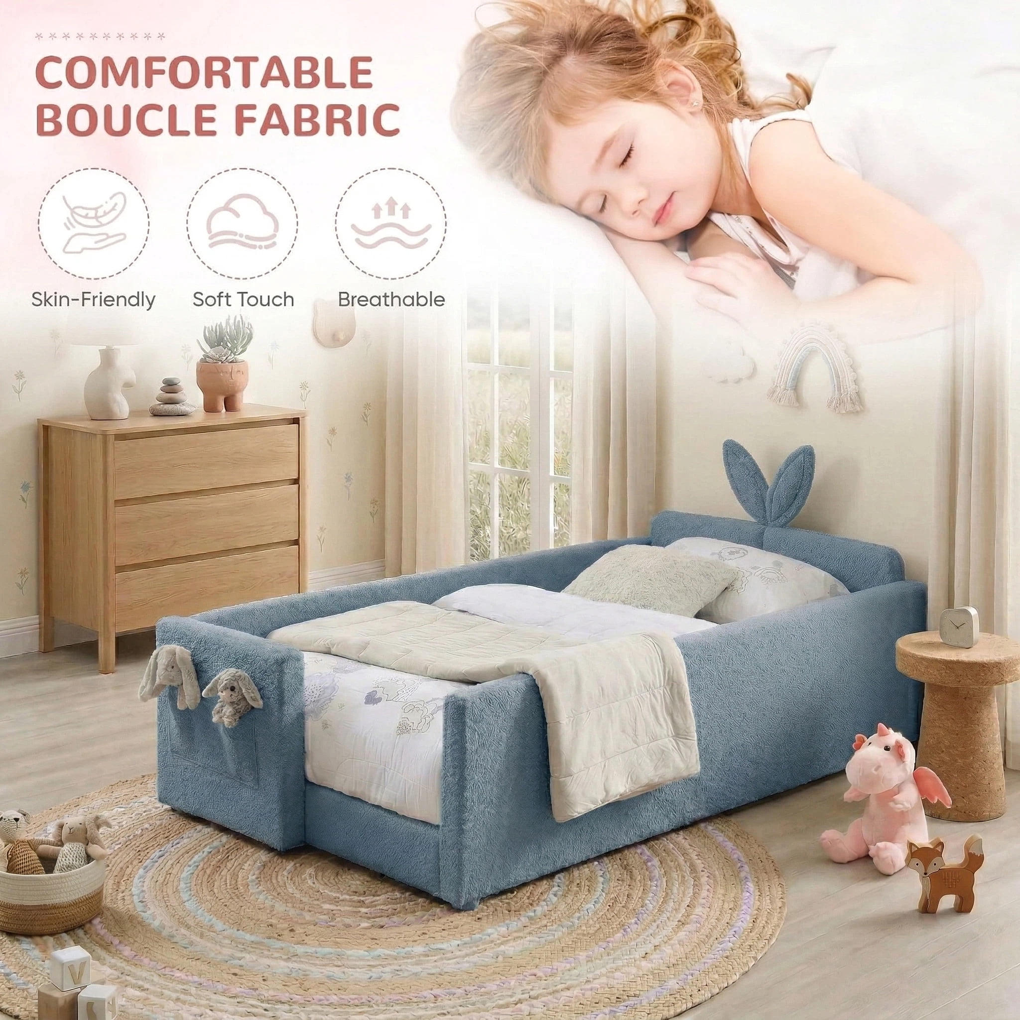 AISWORD Twin Size Kids Bed, Rabbit Ear Headboard, Upholstered Daybed with Slat Support & Side Pockets, Space-Saving Wooden Corner Sofa Bed, Blue