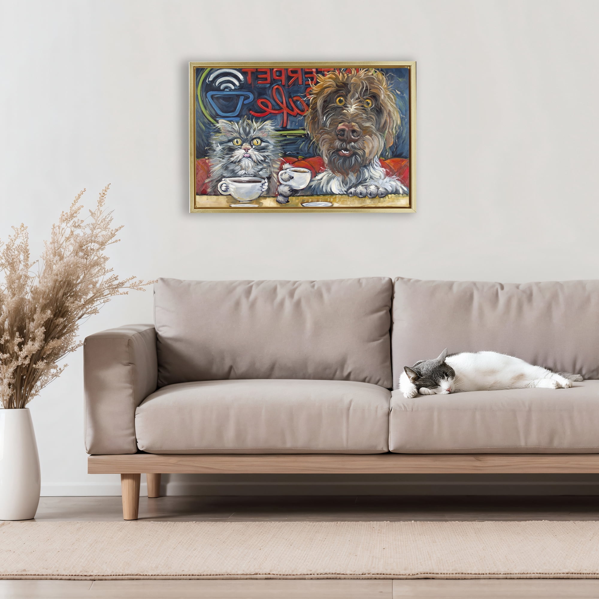 Stupell Industries Pets Wired At The Cafe Gold Framed Floater Canvas Wall Art, design by CR Townsend