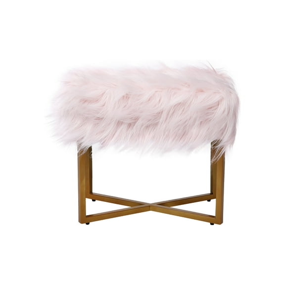 BirdRock Home Rectangular Pink Faux Fur Foot Stool Ottoman with Gold Legs