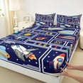 thumbnail image 3 of Manfei Cartoon Rocket 3pcs Twin Sheet Sets,Geometric Plaid Twin Fitted Sheet,Galaxy Universe Breathable Flat Sheet,Boys Bedroom Decor, 3 of 7
