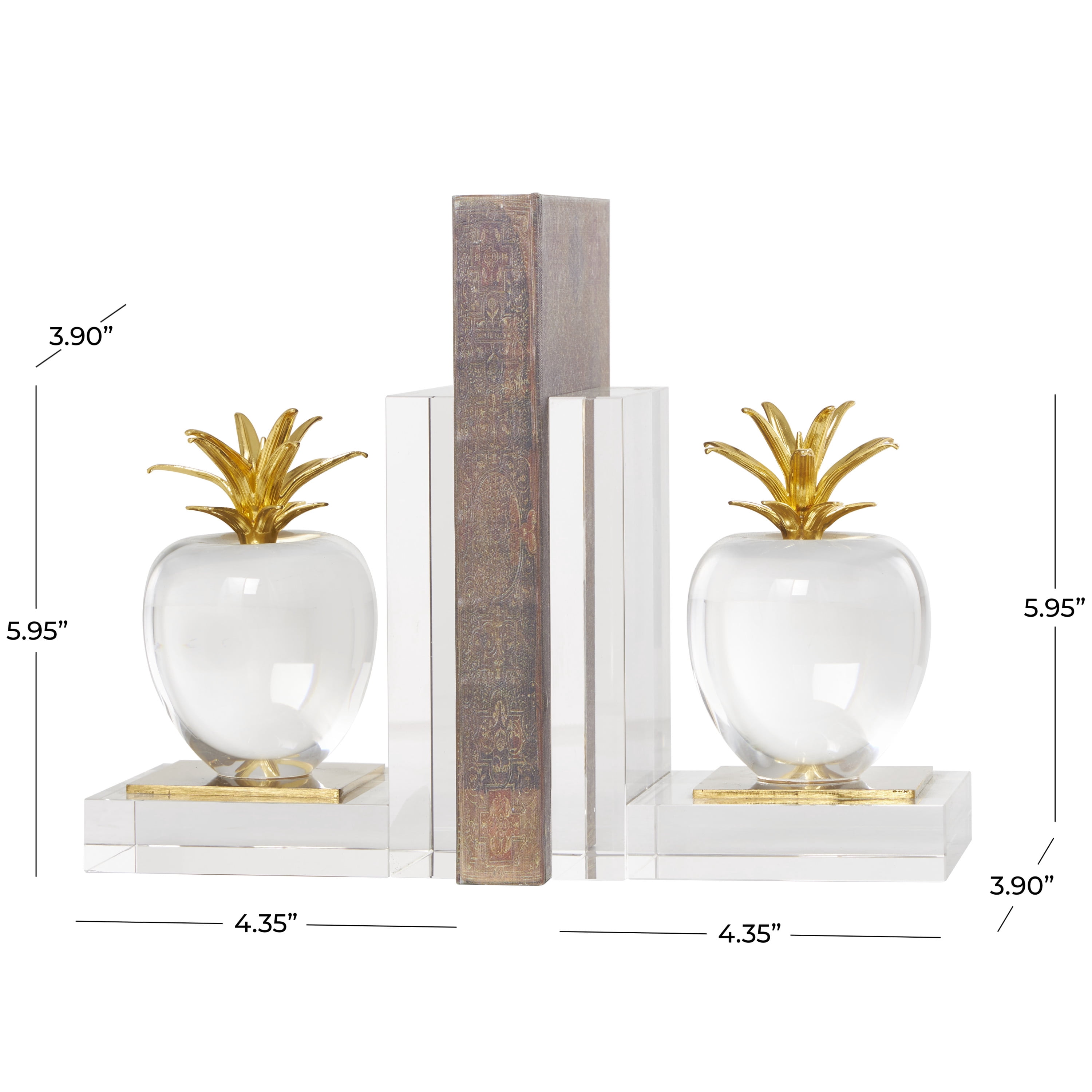 DecMode 4" Apple Fruit Clear Crystal Bookends with Gold Leaves (Set of 2)