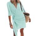 thumbnail image 3 of Vestido mediano de manga corta con cuello en V de lino para mujer: color liso, cómodo, se ajusta a la talla, para la playa o para llevar por la calle; tallas S-XXXL, 3 of 5