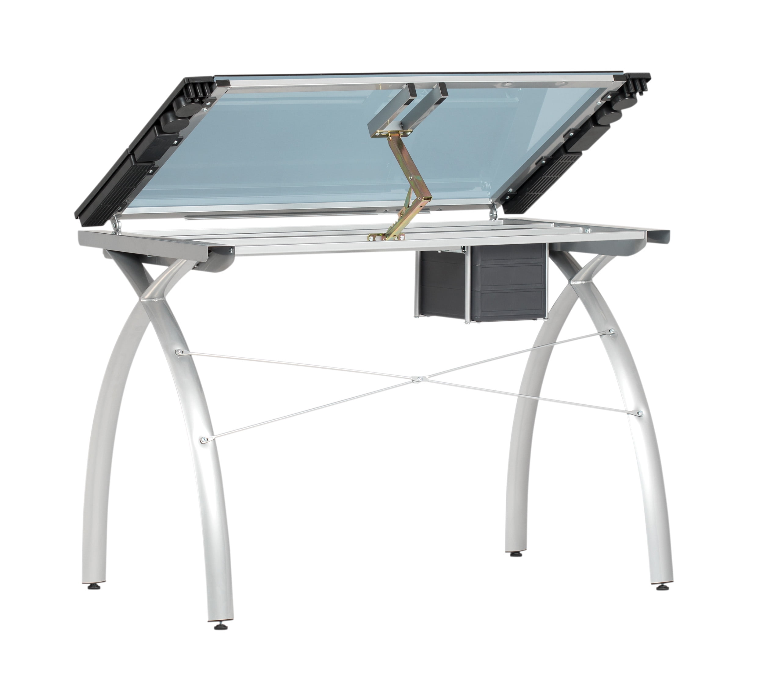 Studio Design Futura Craft Station Tempered Silver Blue Glass Drawing Table