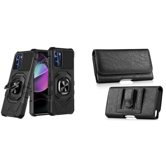 Case with Belt Holster Bundle for Moto G 5G 2022: Heavy Duty Shield Cover (Black) and Coin Card Wallet Phone Pouch