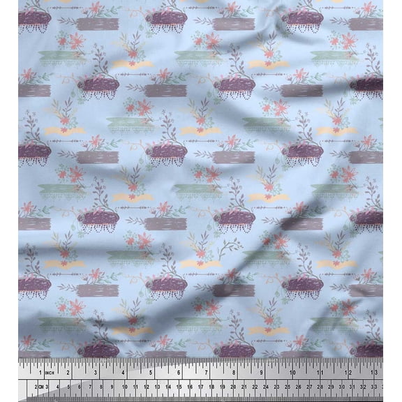 Soimoi Blue Cotton Duck Fabric Floral & Leaves Decor Fabric Printed Yard 42 Inch Wide