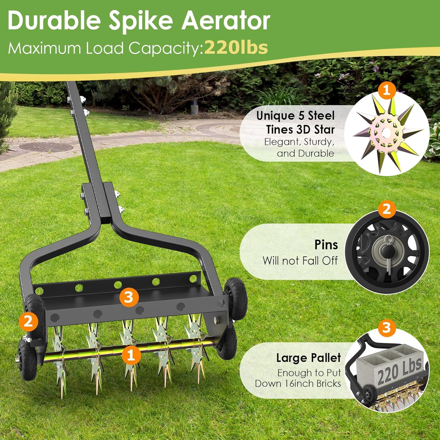 DKMOCO 18in Lawn Aerator, Upgraded Heavy Duty Manual Lawn Aerators Tool w/ 3D Steel Tines and 4 Wheels, Push Spike Aerator Suitable for Garden, Lawn and Yard