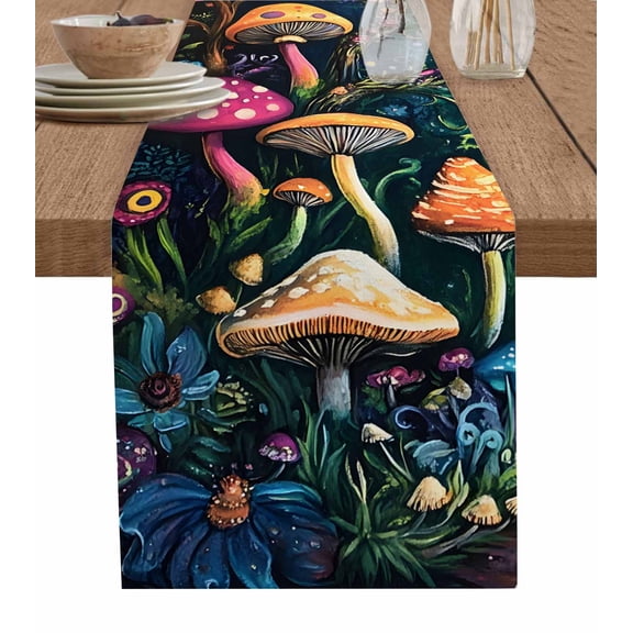 ERUNPONLY Mushroom Table Runner - 70 Inch Long Dream Forest Botanical Floral Plant Cotton and Linen Blended Dress Scarves Farmhouse Table Runner for Kitchen Dining, Coffee Table, 13"x70"