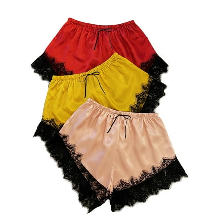 

Women 3pc Elastic Waist Pajama Shorts Comfy Lounge Bottom Lace Trim Satin Sleepwear Pj Bottoms Silky Sleep Shorts