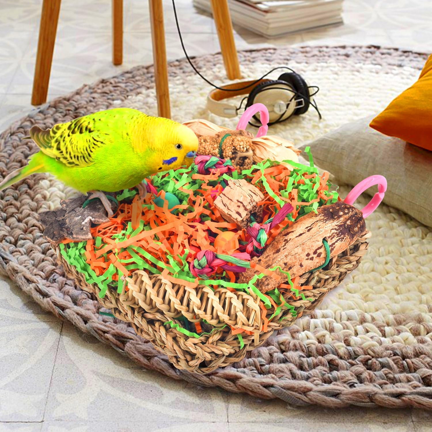 Bird Toys, Parakeet Grass Mat Foraging Toy Parrot Shredding Hanging for Cockatiel Lovebird Parakeet Budgie Birds