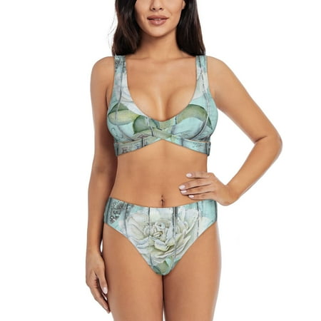 Zeuib Vintage Rose1 High Waisted Tummy Control Bikini Set - Knot Front Push Up Top & Cheeky Thong Bottom  Two-Piece Swimsuit for Women-X-Large