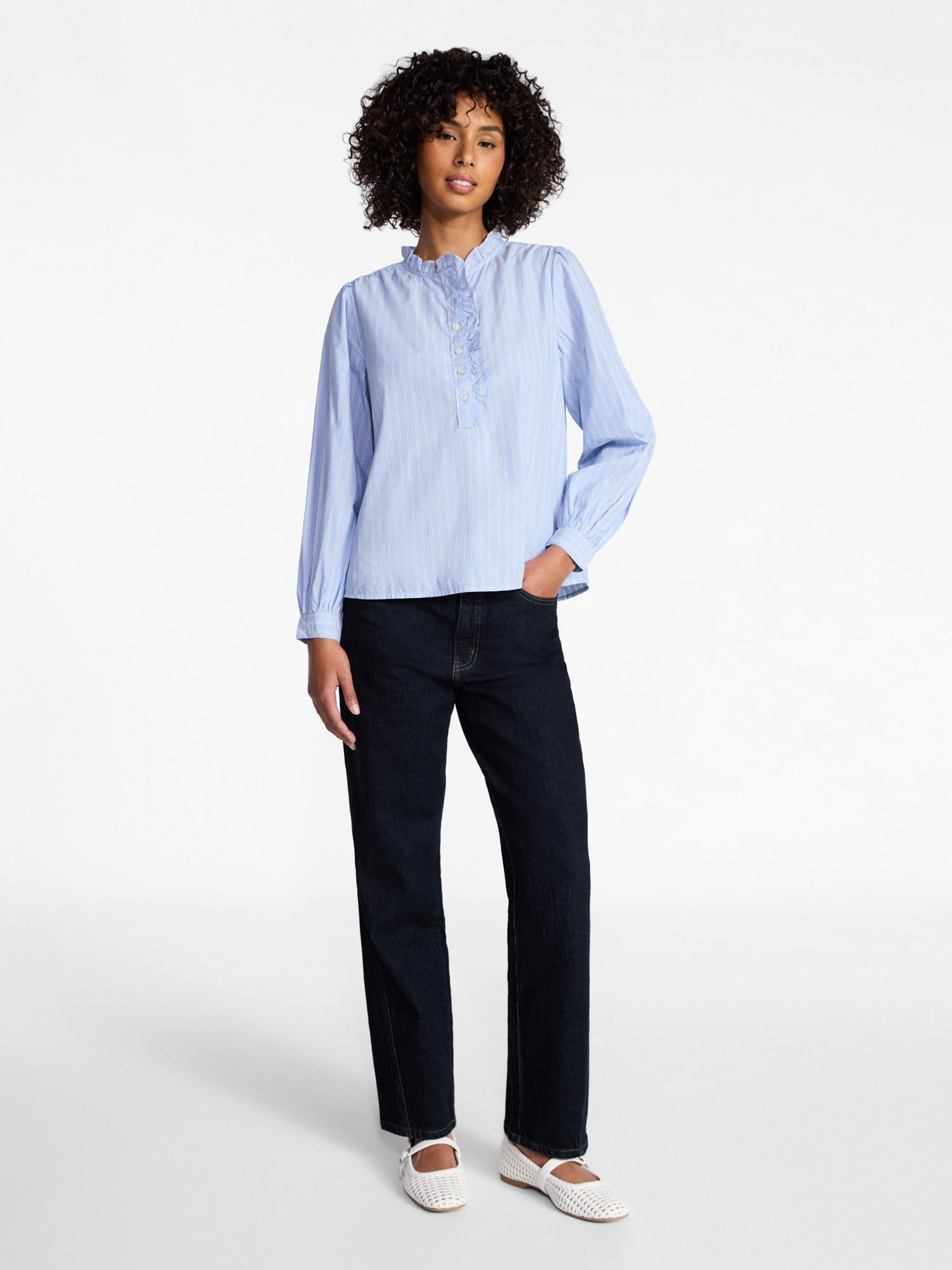 Time and Tru Women's Long Sleeve Ruffle Neck Button Down Top, Sizes XS-XXXL