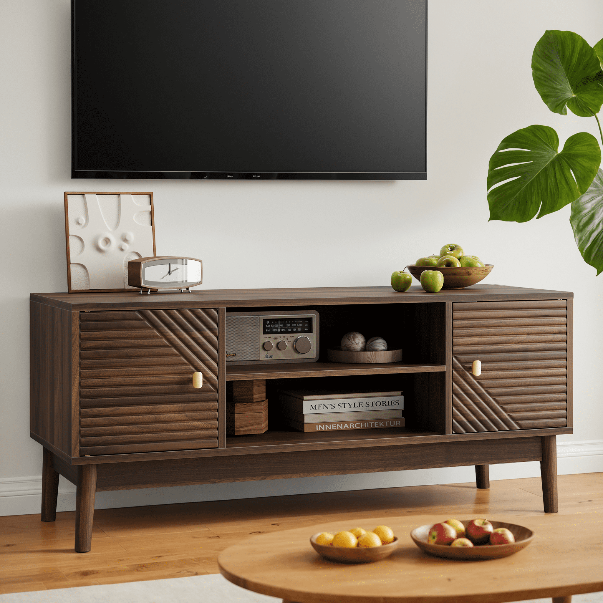 TrumanPick 43.3"TV Stand, Mid-Century Modern for 32/45 inch TV, Farmhouse TV Stand, Entertainment Center with Storage, TV and Media Console for Living Room, Walnut