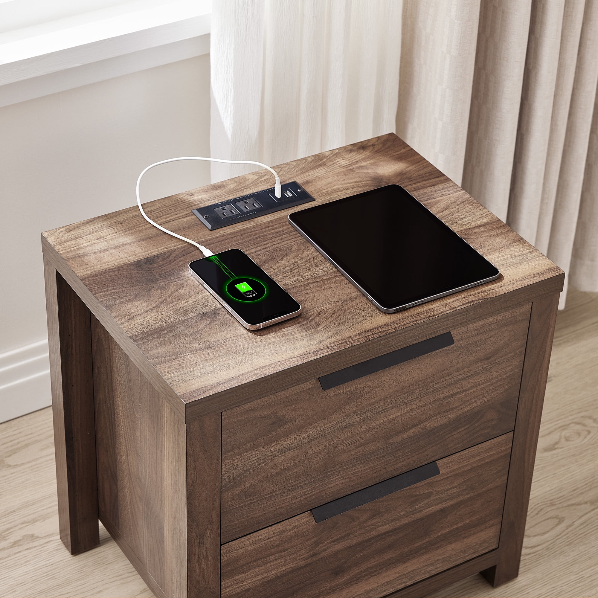Spruce & Spring Farmhouse Nightstand with 2 Drawers, USB & Type-C Port and Power Outlets