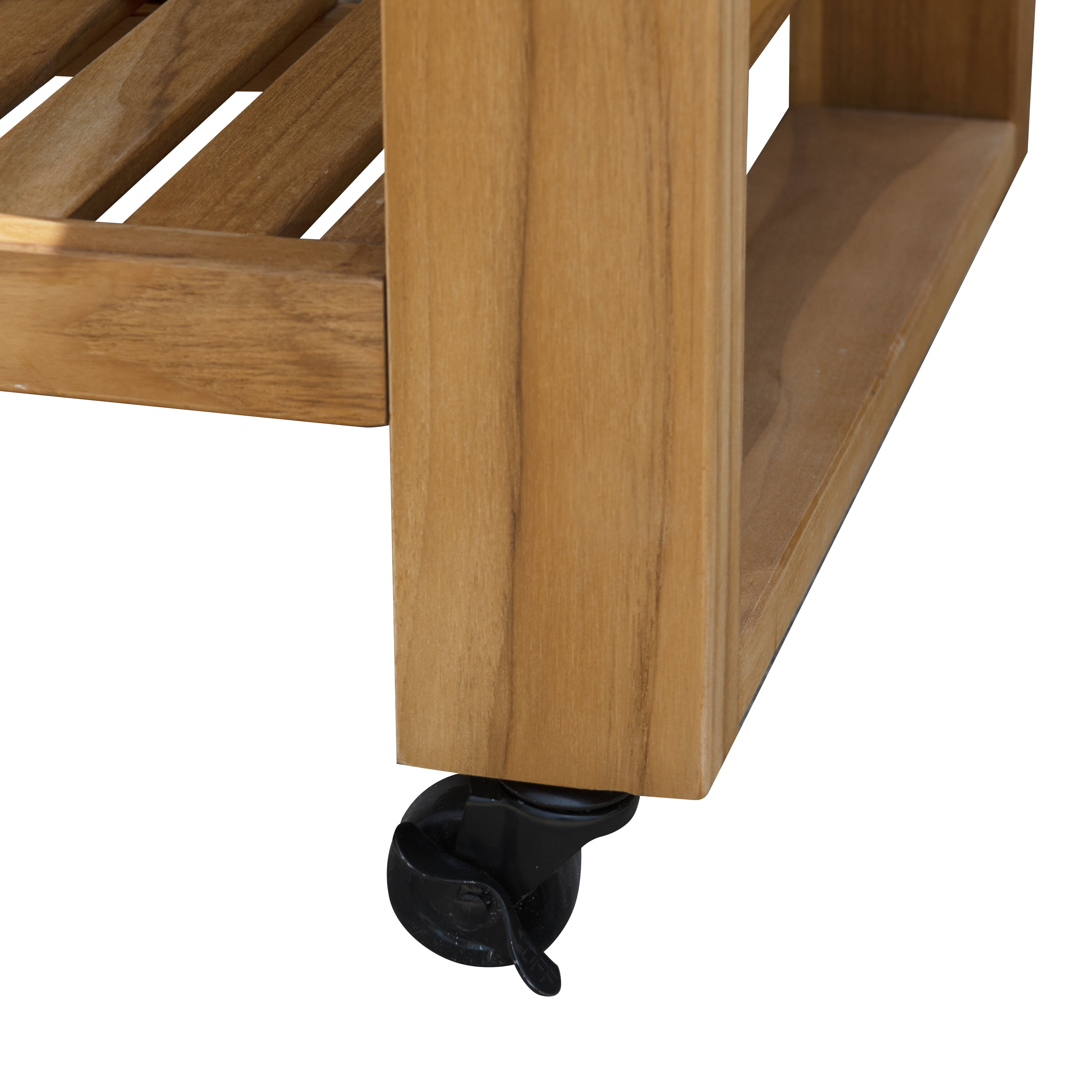 Linon Cormeer Outdoor Island Slatted Surface Teak Kitchen Island Wheels and Locking Casters, Natural
