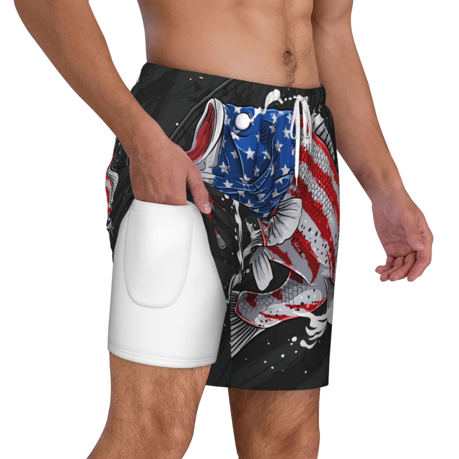 Xecao Largemouth Bass Fish in USA for Men's Swimming Trunks Swim Trunks Quick Dry Swim Shorts with Mesh Lining Funny Swimwear Bathing Suits