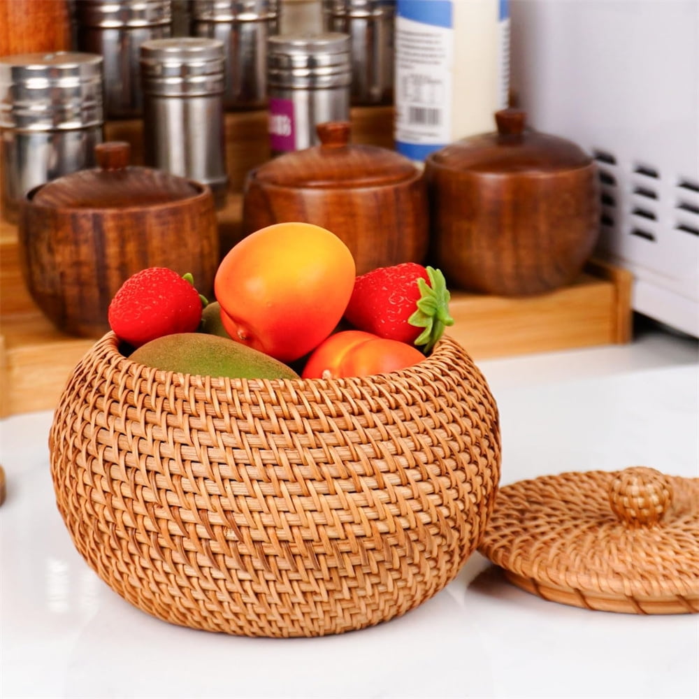 Round Rattan Basket Box with Lid, NOGIS Small Handmade Woven Storage Basket, Multi-purpose Wicker Bowl Decorative Organizer for Shelf, Home, Bathroom Decor（Style A）