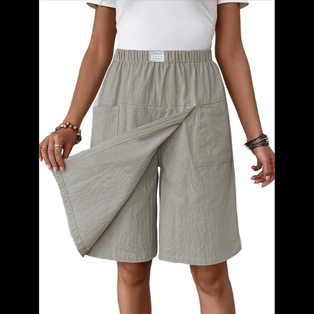 Pantalones Cortos de para Mujer, Bermudas Informales, Largos, de Cintura Alta, Cómodos y de Verano con Bolsillos Gris M